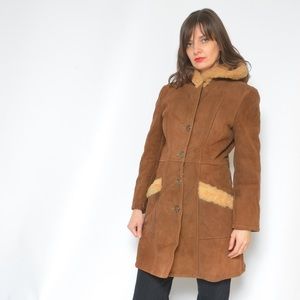 Sherpa Shearling Hooded Leather Coat - Vintage 90s Fur Real Suede jacket